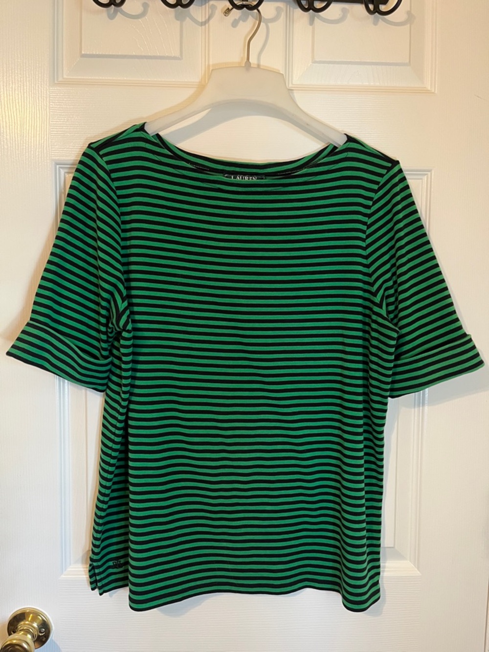 Lauren Ralph Lauren Green and Black Striped 3/4 Sleeve Tee
